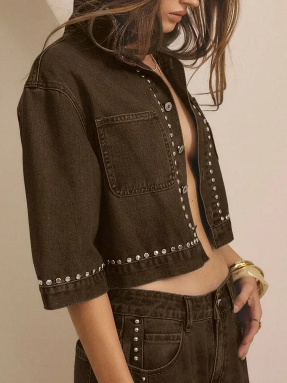 Chocolate Brown Casual Women's Studded Button Front Short Sleeve Cropped Jacket